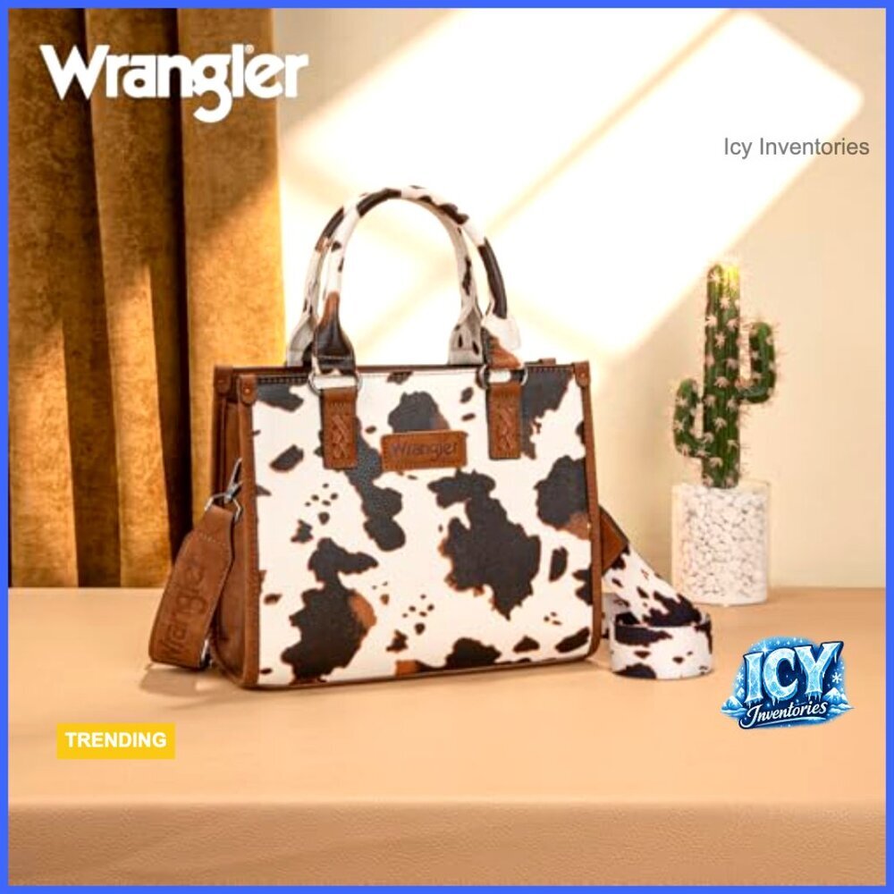 Western Retro Top Handle Tote Bag with Cow Print and Whipstitch Details - Picture 3 of 7